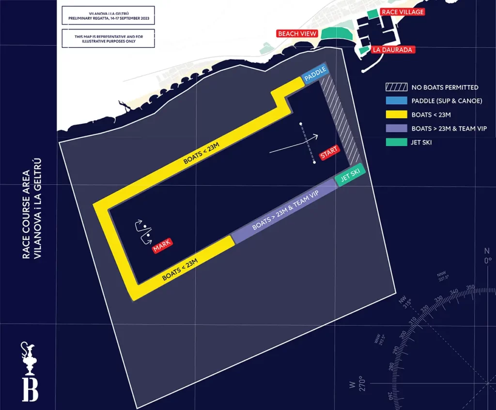 Zonas designadas para las regatas al sur y al oeste de la entrada principal del puerto de Vilanova i La Geltrú.